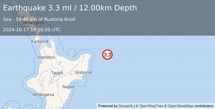 Earthquake OFF E. COAST OF N. ISLAND, N.Z. (3.3 ml) (2024-10-17 18:56:05 UTC)