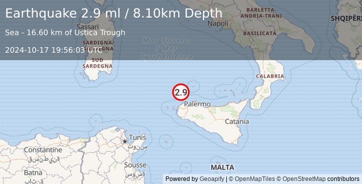 Earthquake SICILY, ITALY (2.9 ml) (2024-10-17 19:56:03 UTC)