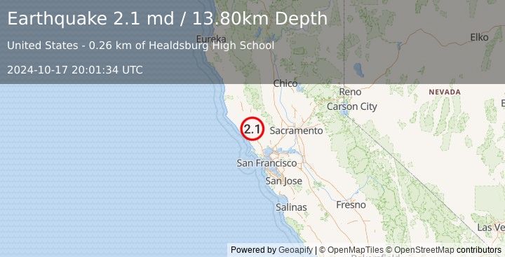 Earthquake NORTHERN CALIFORNIA (2.1 md) (2024-10-17 20:01:34 UTC)