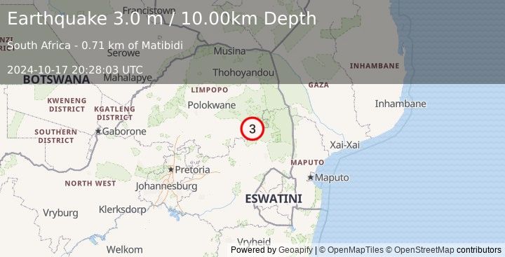 Earthquake SOUTH AFRICA (3.0 m) (2024-10-17 20:28:03 UTC)