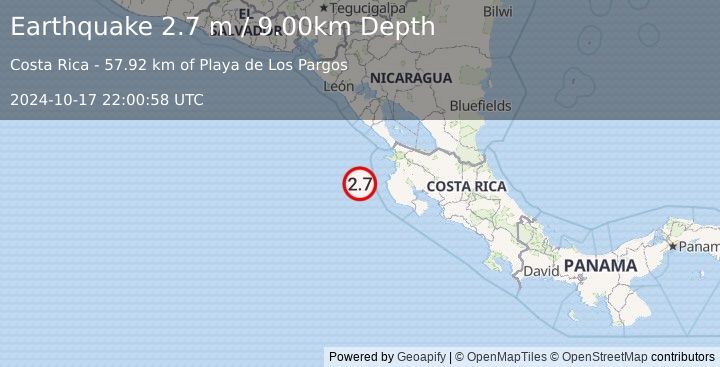 Earthquake OFF COAST OF COSTA RICA (2.7 m) (2024-10-17 22:00:58 UTC)