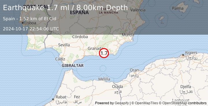 Earthquake STRAIT OF GIBRALTAR (1.7 ml) (2024-10-17 22:54:06 UTC)