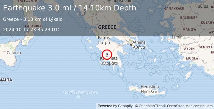 Earthquake SOUTHERN GREECE (3.0 ml) (2024-10-17 23:35:23 UTC)