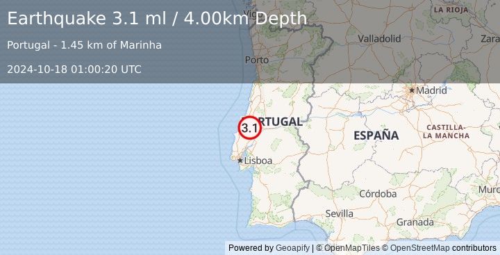 Earthquake PORTUGAL (3.1 ml) (2024-10-18 01:00:20 UTC)