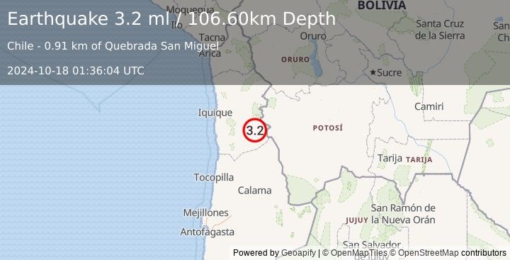 Earthquake TARAPACA, CHILE (3.2 ml) (2024-10-18 01:36:04 UTC)