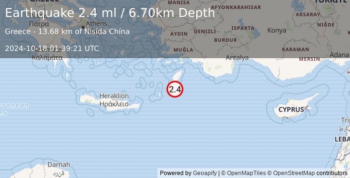 Earthquake DODECANESE ISLANDS, GREECE (2.4 ml) (2024-10-18 01:39:21 UTC)