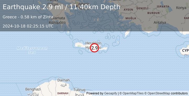 Earthquake CRETE, GREECE (2.9 ml) (2024-10-18 02:25:15 UTC)