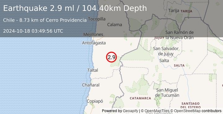 Earthquake ANTOFAGASTA, CHILE (2.9 ml) (2024-10-18 03:49:56 UTC)