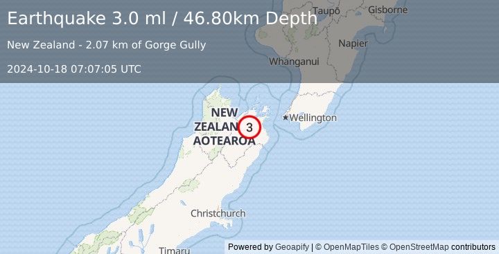 Earthquake SOUTH ISLAND OF NEW ZEALAND (3.0 ml) (2024-10-18 07:07:05 UTC)