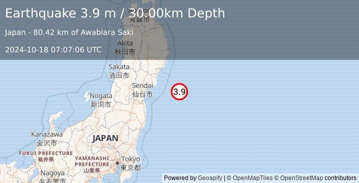 Earthquake NEAR EAST COAST OF HONSHU, JAPAN (3.9 m) (2024-10-18 07:07:06 UTC)