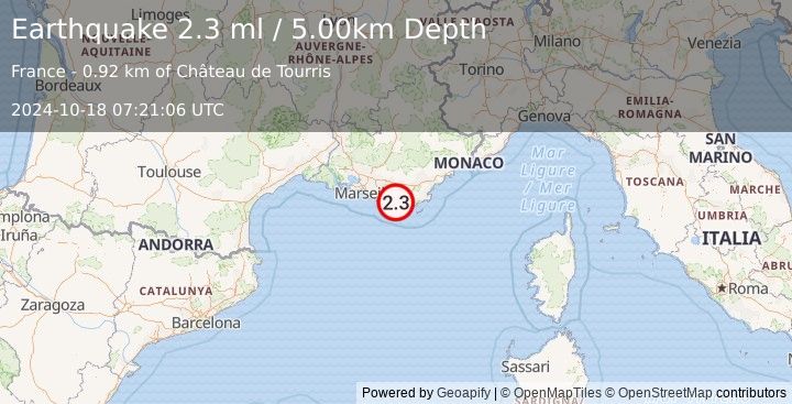 Earthquake NEAR SOUTH COAST OF FRANCE (2.3 ml) (2024-10-18 07:21:06 UTC)