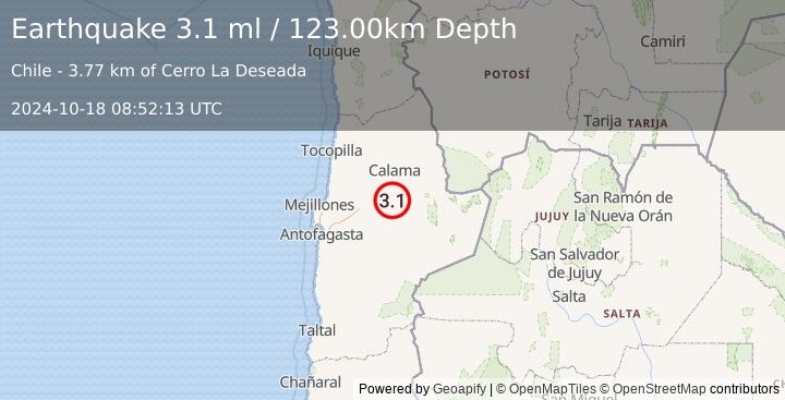 Earthquake ANTOFAGASTA, CHILE (3.1 ml) (2024-10-18 08:52:13 UTC)