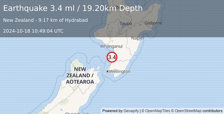 Earthquake NORTH ISLAND OF NEW ZEALAND (3.4 ml) (2024-10-18 10:49:04 UTC)