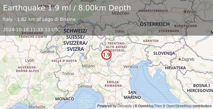 Earthquake NORTHERN ITALY (1.9 ml) (2024-10-18 11:33:33 UTC)