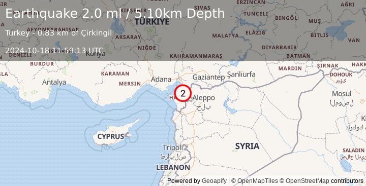 Earthquake TURKEY-SYRIA BORDER REGION (2.0 ml) (2024-10-18 11:59:13 UTC)