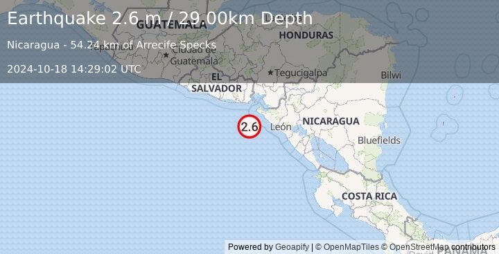 Earthquake NEAR COAST OF NICARAGUA (2.6 m) (2024-10-18 14:29:02 UTC)