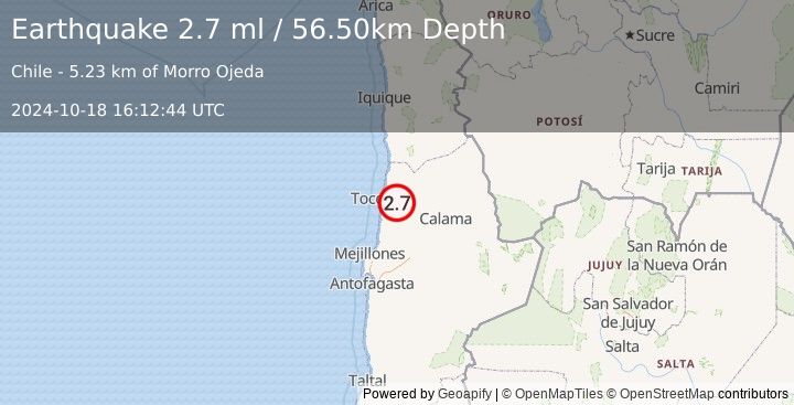 Earthquake ANTOFAGASTA, CHILE (2.7 ml) (2024-10-18 16:12:44 UTC)