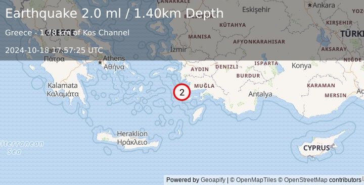 Earthquake DODECANESE IS.-TURKEY BORDER REG (2.0 ml) (2024-10-18 17:57:25 UTC)