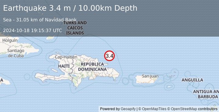 Earthquake DOMINICAN REPUBLIC REGION (3.4 m) (2024-10-18 19:15:37 UTC)