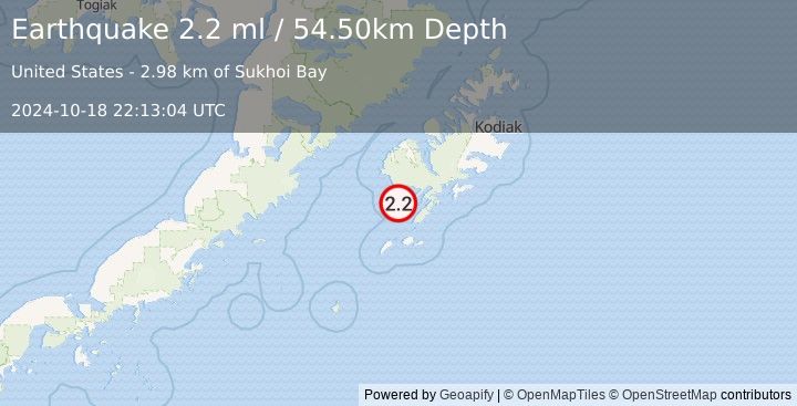 Earthquake KODIAK ISLAND REGION, ALASKA (2.2 ml) (2024-10-18 22:13:04 UTC)