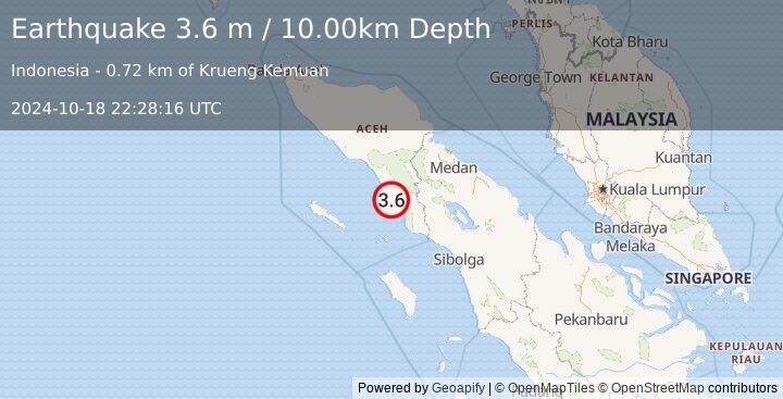 Earthquake NORTHERN SUMATRA, INDONESIA (3.6 m) (2024-10-18 22:28:16 UTC)