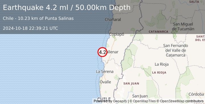 Earthquake OFFSHORE ATACAMA, CHILE (4.2 ml) (2024-10-18 22:39:21 UTC)