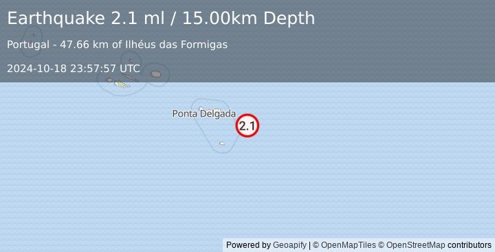 Earthquake AZORES ISLANDS REGION (2.1 ml) (2024-10-18 23:57:57 UTC)