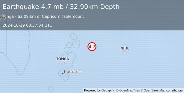 Earthquake TONGA REGION (4.7 mb) (2024-10-19 00:37:04 UTC)