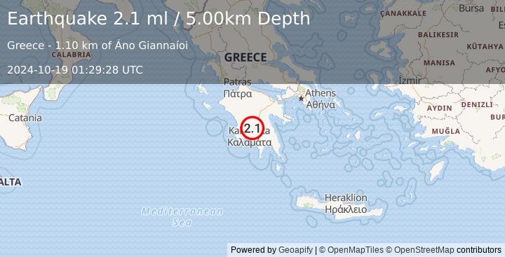 Earthquake SOUTHERN GREECE (2.1 ml) (2024-10-19 01:29:28 UTC)