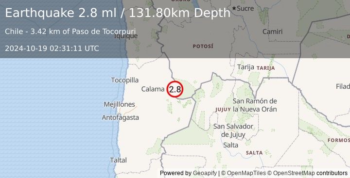 Earthquake ANTOFAGASTA, CHILE (2.8 ml) (2024-10-19 02:31:11 UTC)