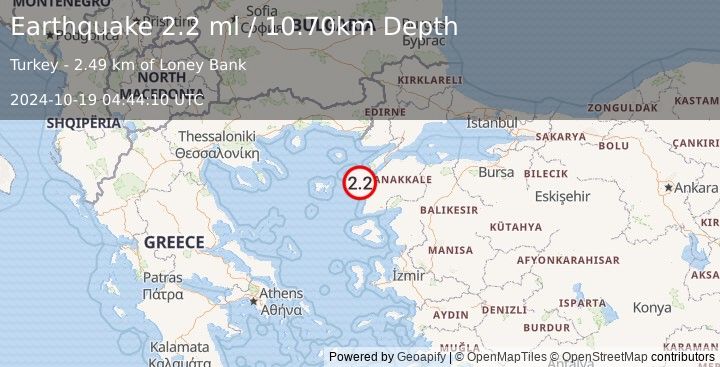 Earthquake NEAR THE COAST OF WESTERN TURKEY (2.2 ml) (2024-10-19 04:44:10 UTC)