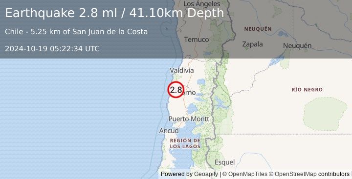 Earthquake LOS LAGOS, CHILE (2.8 ml) (2024-10-19 05:22:34 UTC)