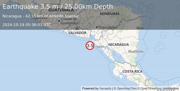 Earthquake NEAR COAST OF NICARAGUA (3.5 m) (2024-10-19 05:36:03 UTC)