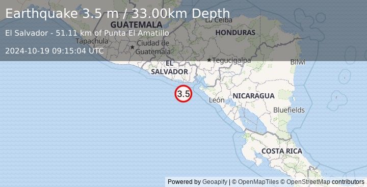 Earthquake OFFSHORE EL SALVADOR (3.5 m) (2024-10-19 09:15:04 UTC)