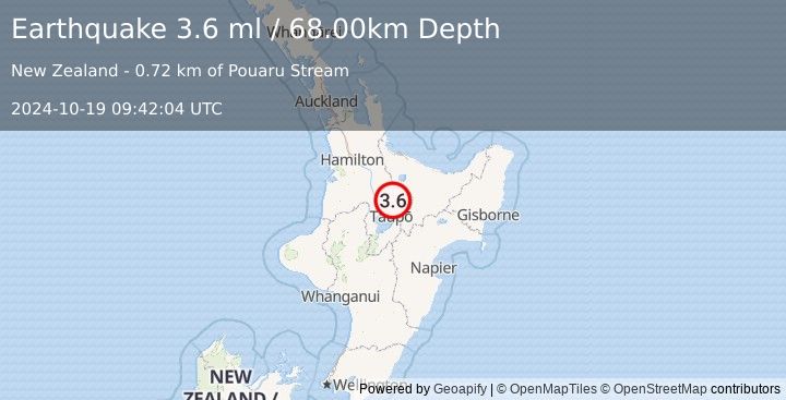 Earthquake NORTH ISLAND OF NEW ZEALAND (3.6 ml) (2024-10-19 09:42:04 UTC)