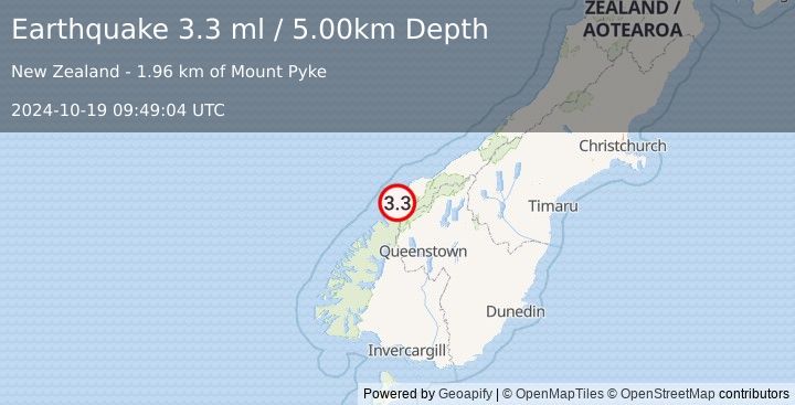 Earthquake SOUTH ISLAND OF NEW ZEALAND (3.3 ml) (2024-10-19 09:49:04 UTC)