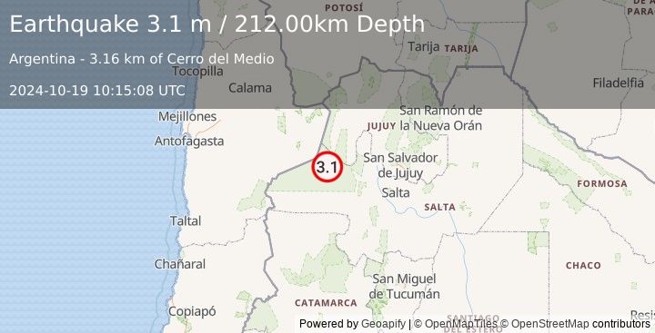 Earthquake SALTA, ARGENTINA (3.1 m) (2024-10-19 10:15:08 UTC)