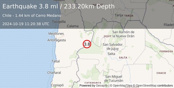 Earthquake ANTOFAGASTA, CHILE (3.8 ml) (2024-10-19 11:20:38 UTC)