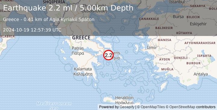 Earthquake SOUTHERN GREECE (2.2 ml) (2024-10-19 12:57:39 UTC)