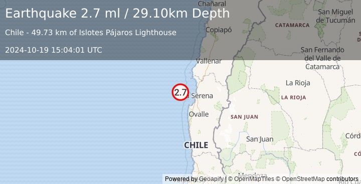 Earthquake OFFSHORE COQUIMBO, CHILE (2.7 ml) (2024-10-19 15:04:01 UTC)