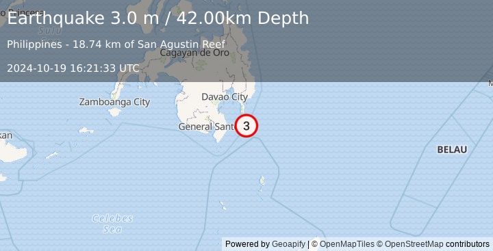 Earthquake MINDANAO, PHILIPPINES (3.0 m) (2024-10-19 16:21:33 UTC)