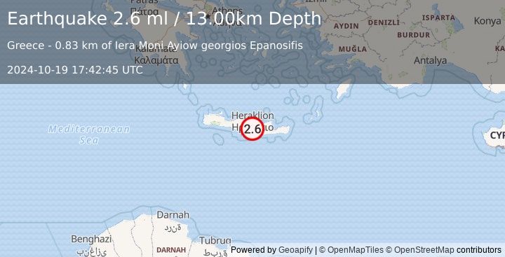 Earthquake CRETE, GREECE (2.6 ml) (2024-10-19 17:42:45 UTC)