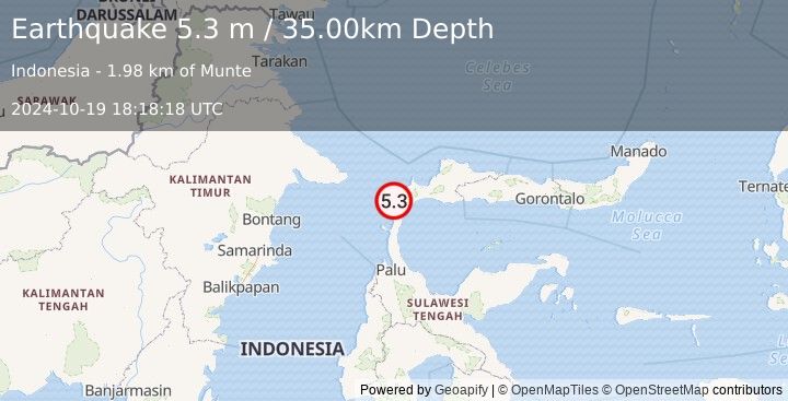 Earthquake MINAHASA, SULAWESI, INDONESIA (5.3 m) (2024-10-19 18:18:18 UTC)