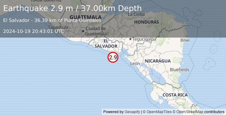 Earthquake OFFSHORE EL SALVADOR (2.9 m) (2024-10-19 20:43:01 UTC)