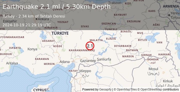 Earthquake CENTRAL TURKEY (2.1 ml) (2024-10-19 21:29:19 UTC)