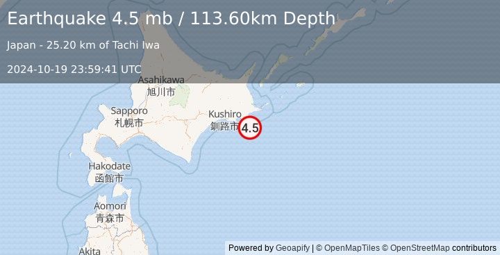 Earthquake HOKKAIDO, JAPAN REGION (4.5 mb) (2024-10-19 23:59:41 UTC)