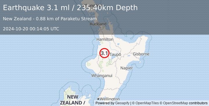 Earthquake NORTH ISLAND OF NEW ZEALAND (3.1 ml) (2024-10-20 00:14:05 UTC)