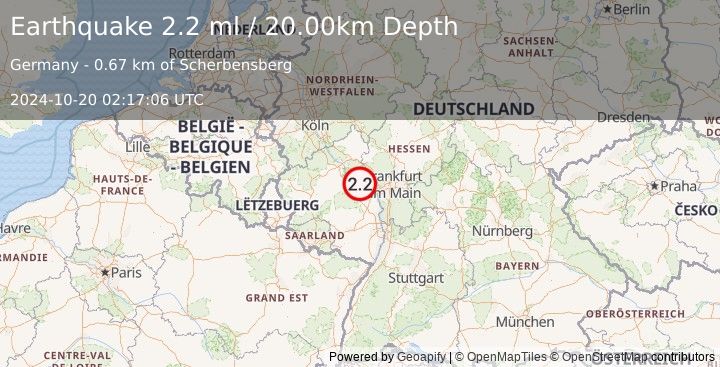 Earthquake GERMANY (2.2 ml) (2024-10-20 02:17:06 UTC)