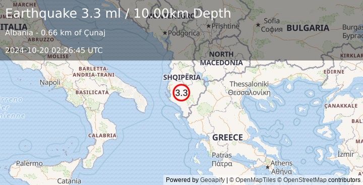 Earthquake ALBANIA (3.3 ml) (2024-10-20 02:26:45 UTC)