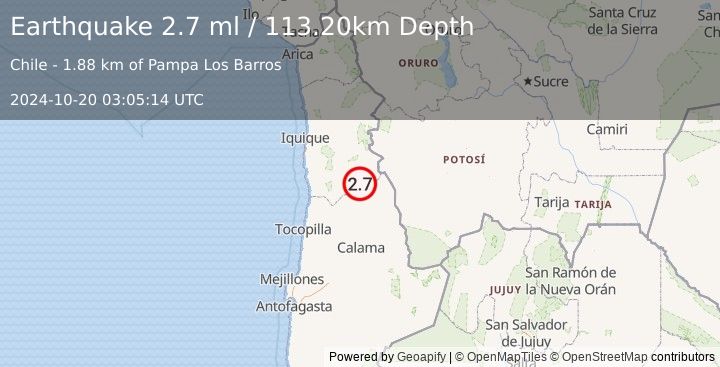 Earthquake TARAPACA, CHILE (2.7 ml) (2024-10-20 03:05:14 UTC)